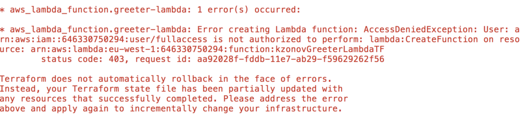 No permissions aws lambda error