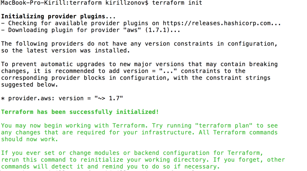 terraform init installs aws provider